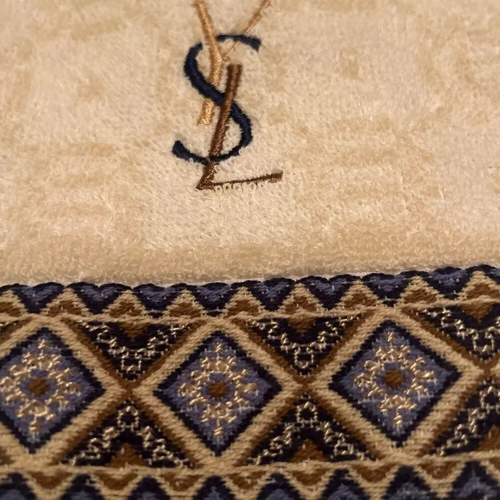 Yves Saint Laurent 14x14 Decorative Hand Towel Beige Blue Pattern Block NEW